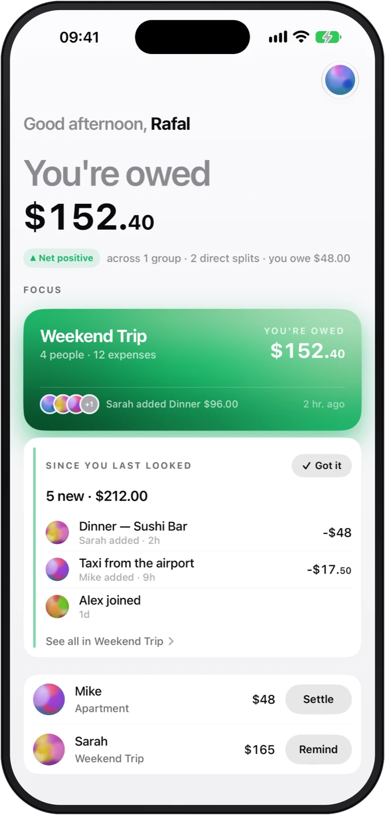 Home: You're owed $152.40, the Weekend Trip card, and what changed since you last looked
