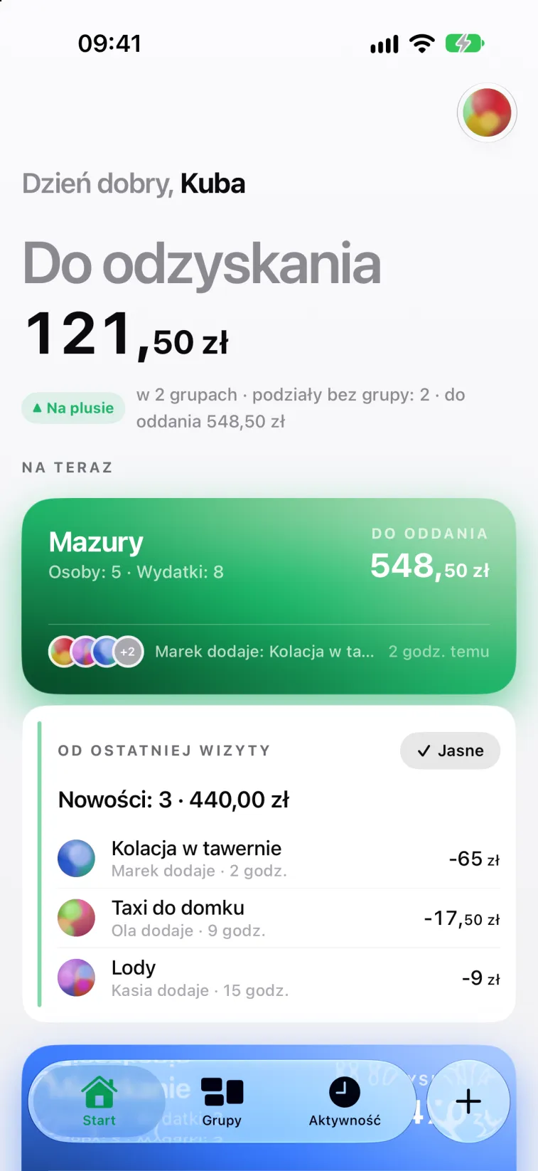 Ekran główny: do odzyskania 121,50 zł, karta grupy Mazury i to, co się zmieniło od ostatniej wizyty