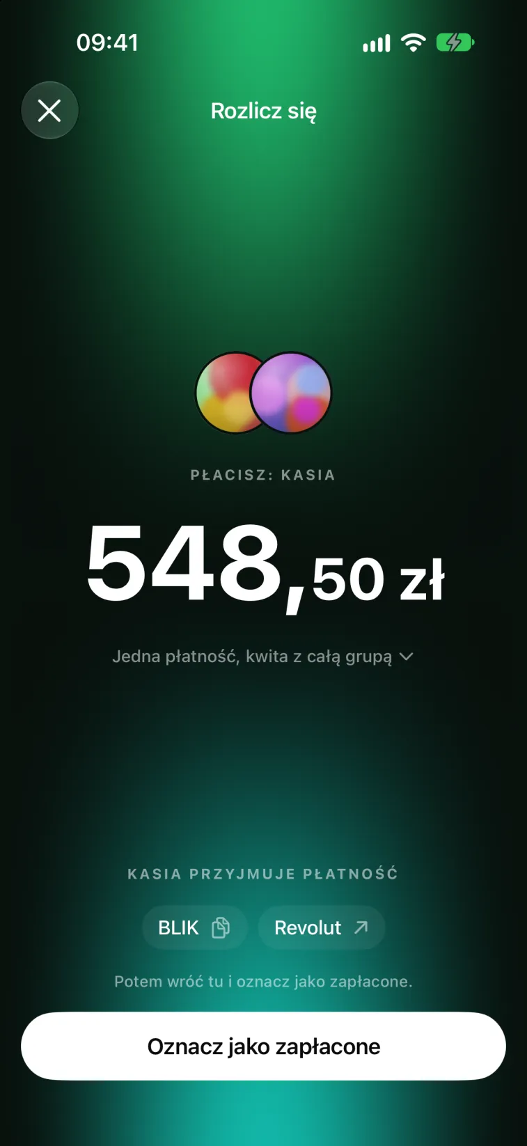 Rozlicz się: płacisz Kasi 548,50 zł, z przyciskami BLIK i Revolut