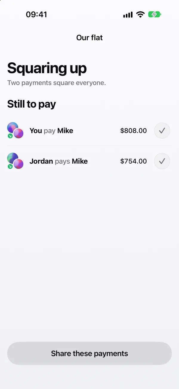 Squaring up the flat: two payments to Mike