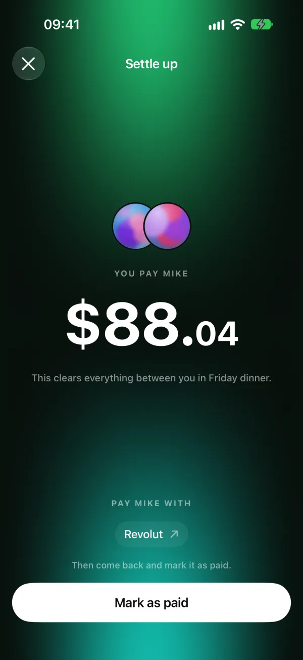 Settle up screen: you pay Mike $88.04, with a Revolut button and Mark as paid