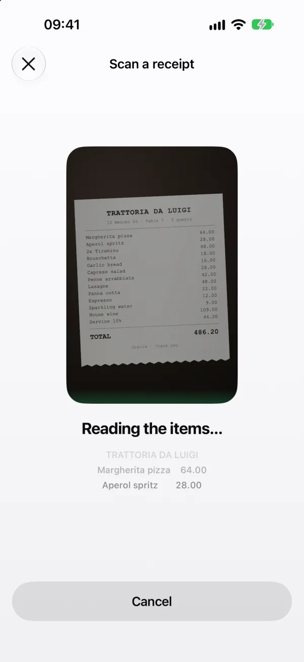 Halv reading a Trattoria da Luigi receipt line by line