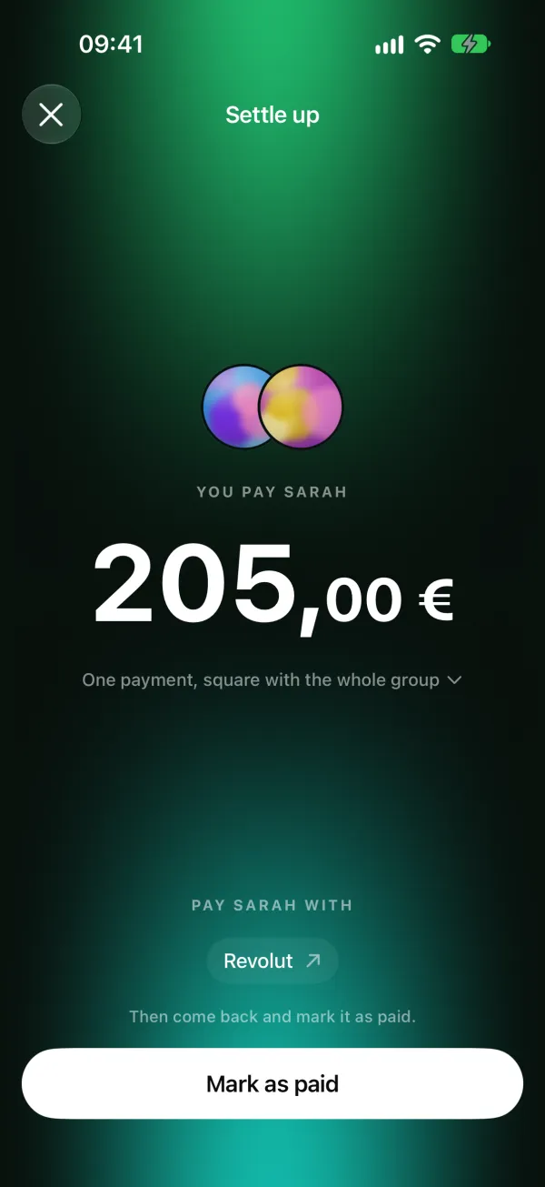 Settle up screen: you pay Sarah €205.00 with Revolut