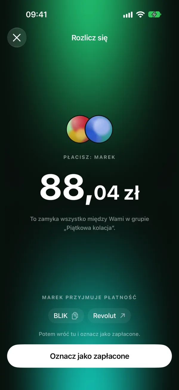 Ekran rozliczenia: płacisz Markowi 88,04 zł, z przyciskami BLIK i Revolut
