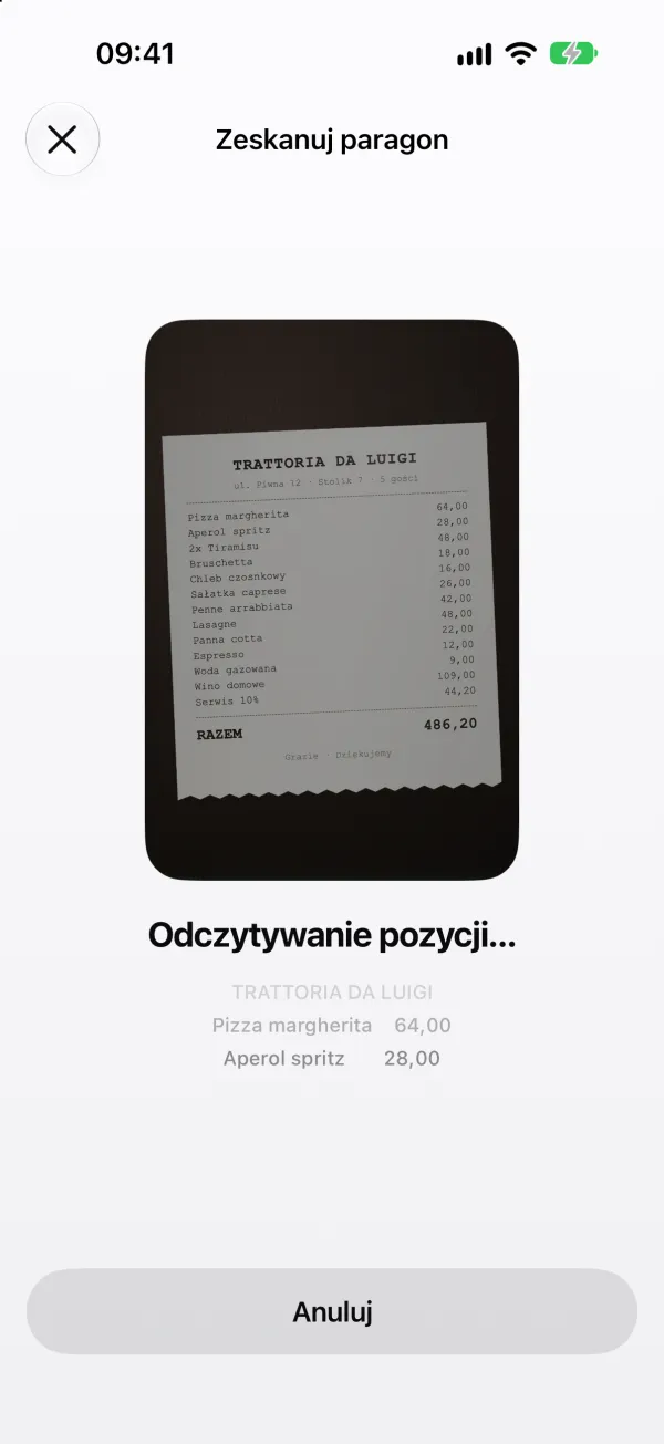 Halv odczytuje paragon z Trattorii da Luigi linijka po linijce