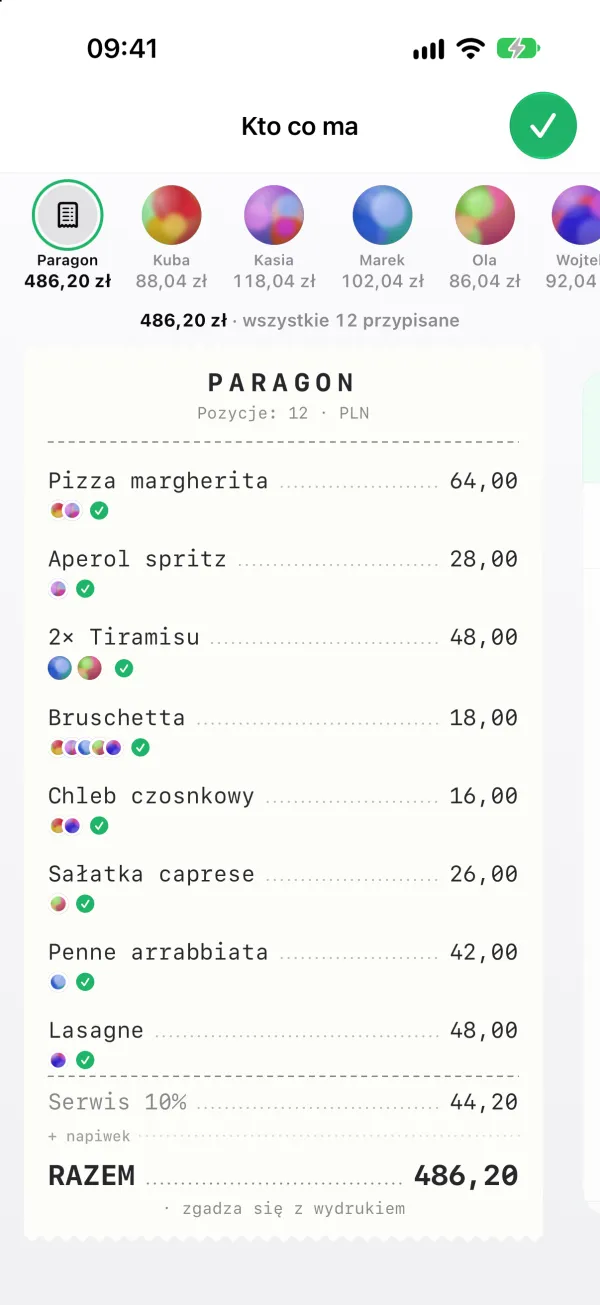 Kto co ma: każde danie z paragonu z osobami, które je jadły, i suma dla każdego