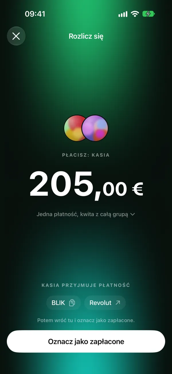 Ekran rozliczenia: płacisz Kasi 205,00 € przez BLIK albo Revolut