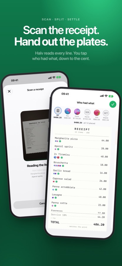Scan the receipt, hand out the plates: the receipt scanner and the item assignment screen