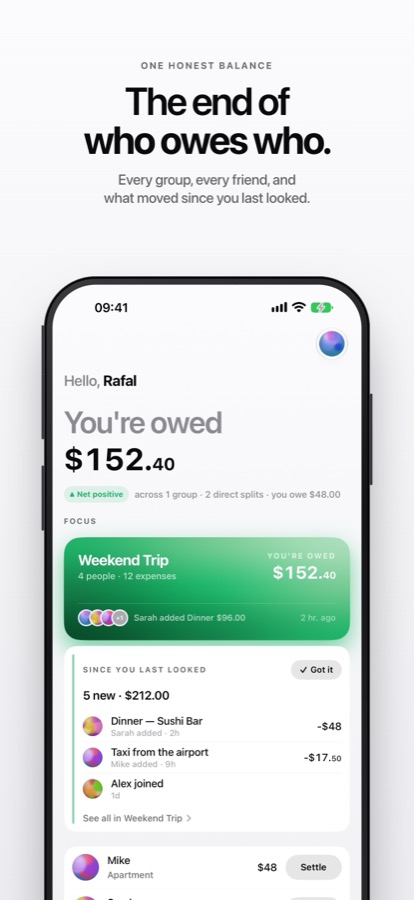The end of who owes who: the Home screen with the overall balance and latest activity
