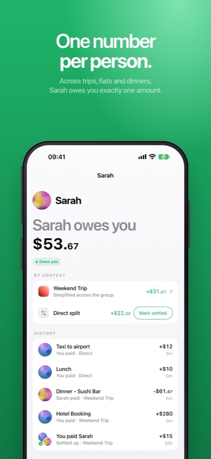 One number per person: a friend's page showing a single balance across every group