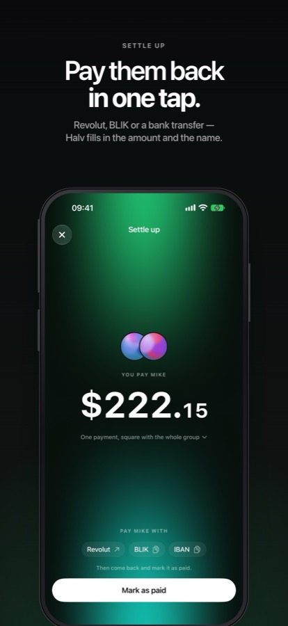 Pay them back in one tap: the settle screen with payment method chips